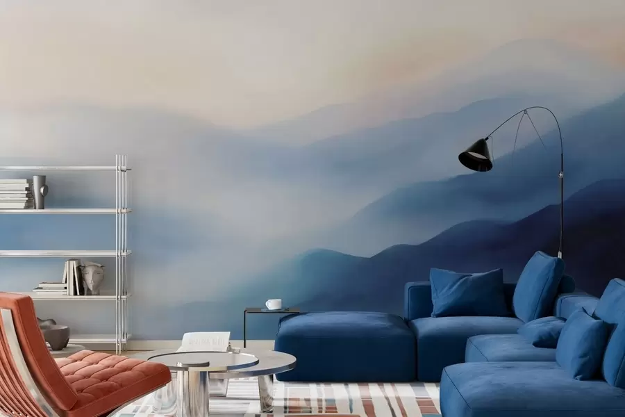 murales de pared Montañas pintadas en acuarela en tonos azules suaves, con degradados etéreos y una gran profundidad atmosférica w05605