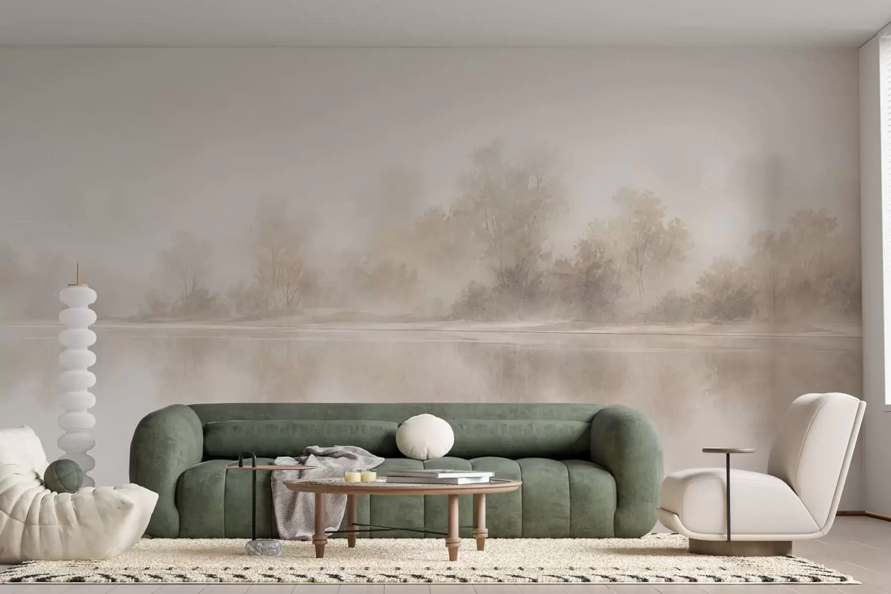 murales de pared Paisaje brumoso minimalista con delicados reflejos en tonos neutros cálidos w05606