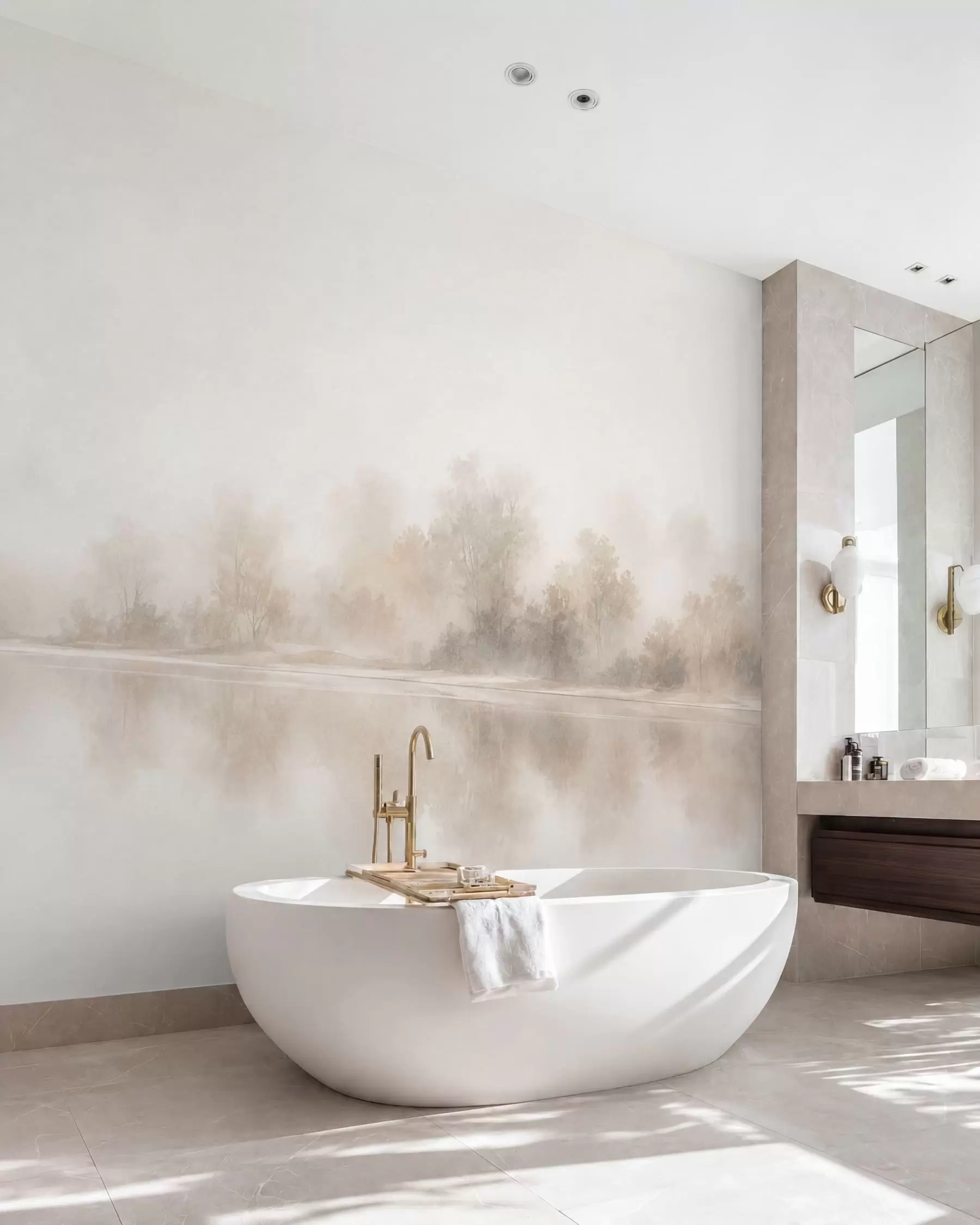 murales de pared Paisaje brumoso minimalista con delicados reflejos en tonos neutros cálidos w05606