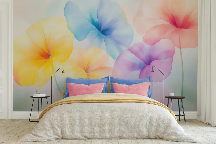 murales de pared Flores coloridas y translúcidas en suaves tonos pastel con un efecto de acuarela de ensueño w05607