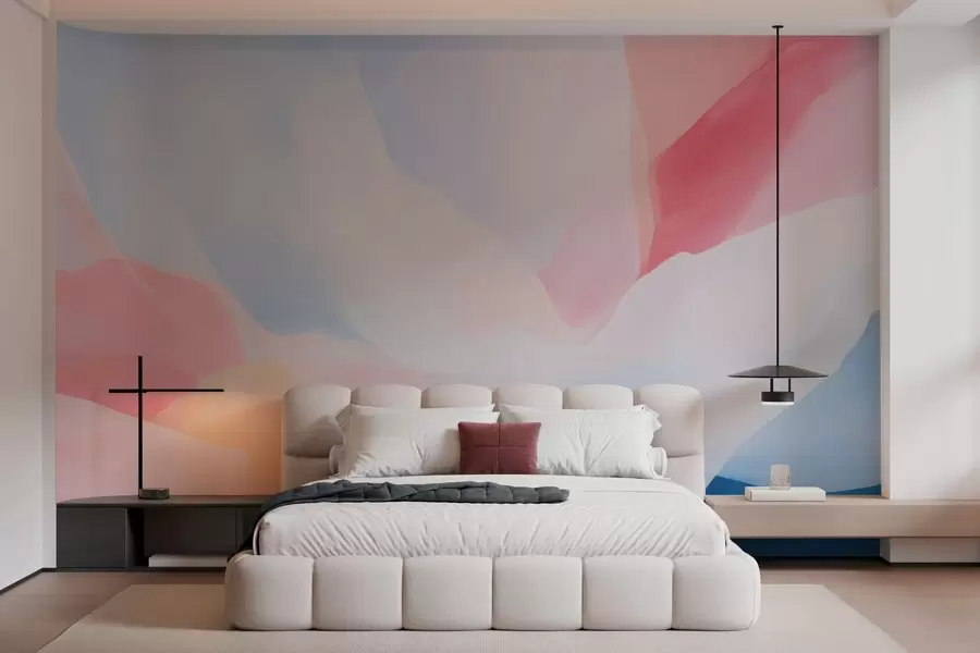 murales de pared Olas abstractas en tonos pastel con suaves degradados de rosa y azul al estilo de la acuarela w05609