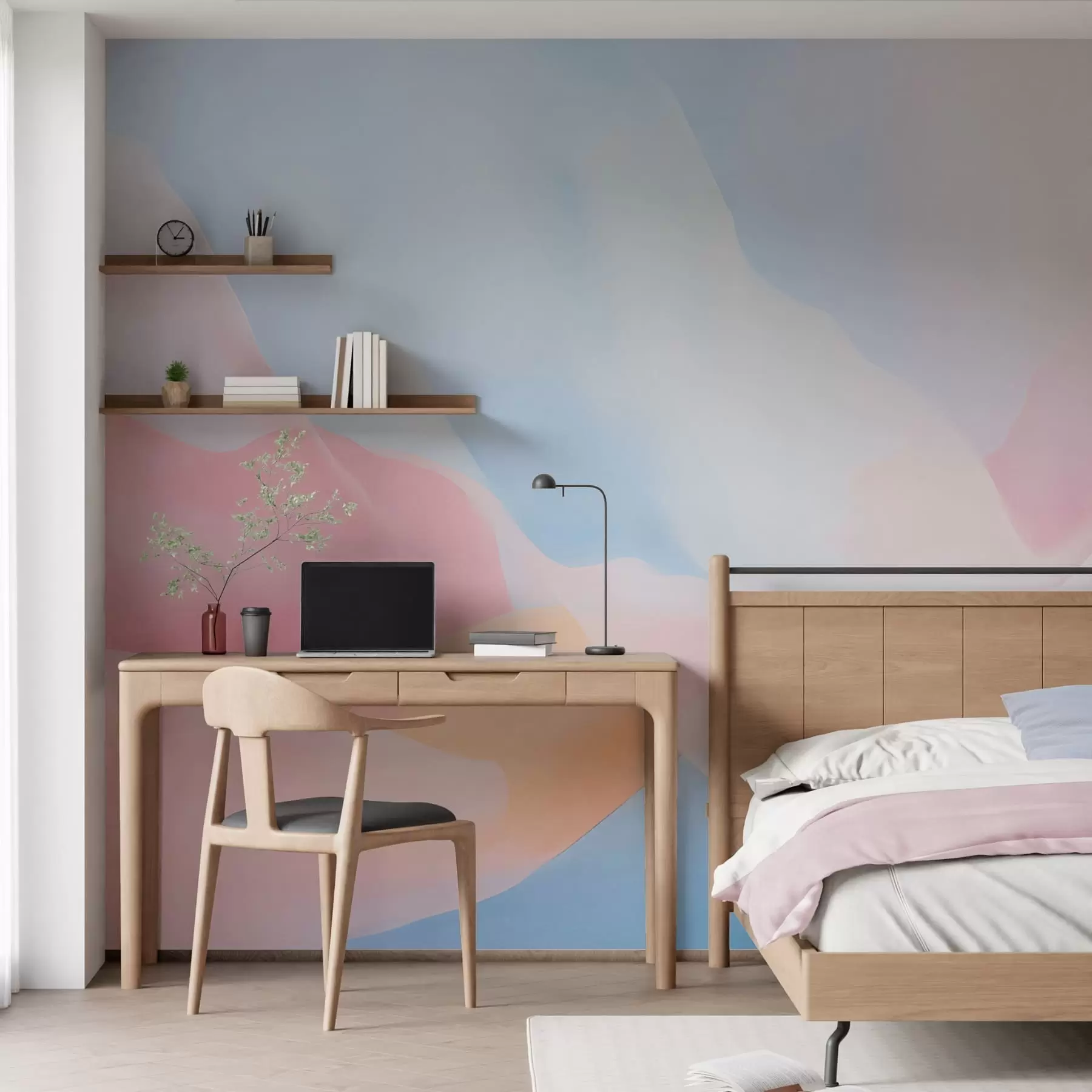 murales de pared Olas abstractas en tonos pastel con suaves degradados de rosa y azul al estilo de la acuarela w05609