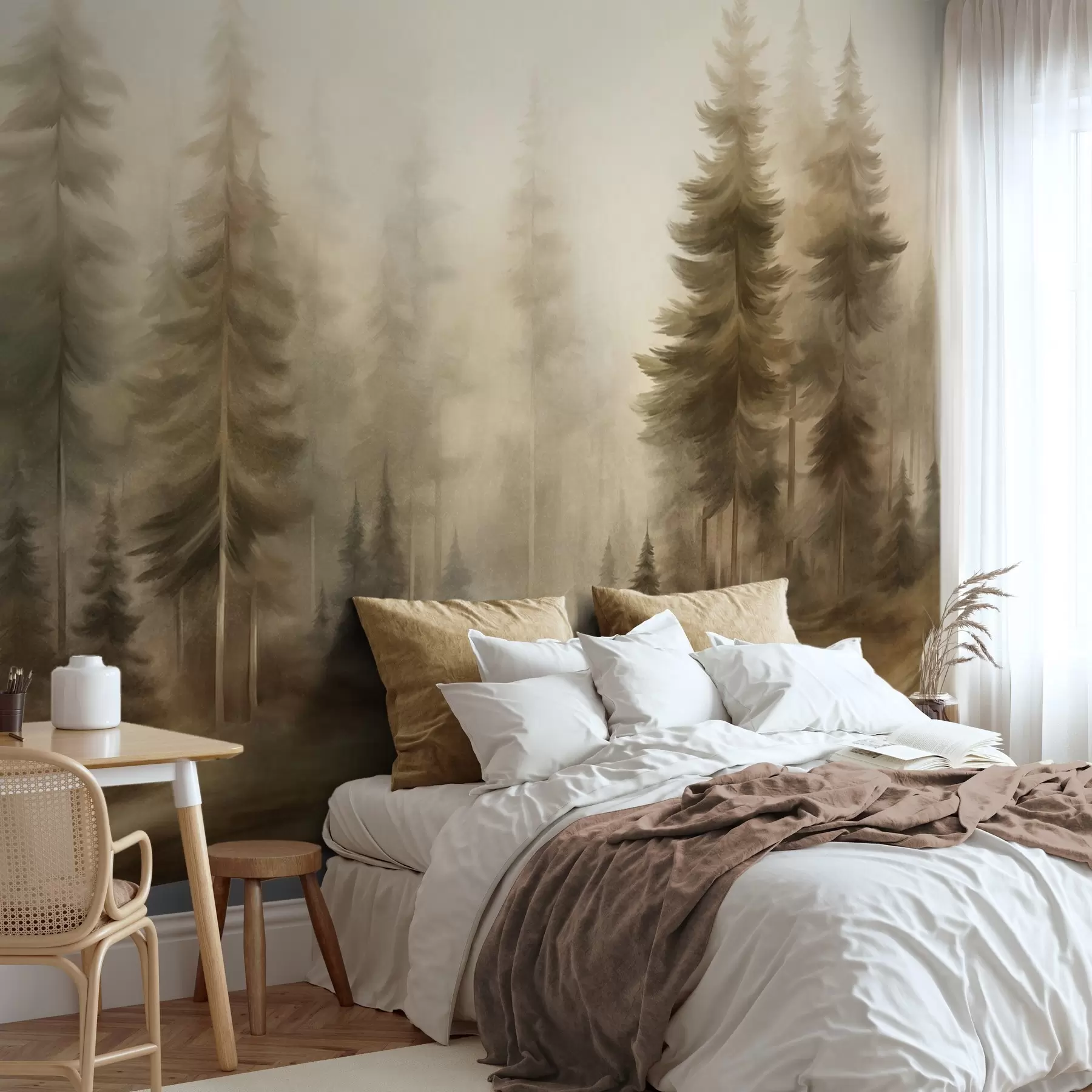 murales de pared Un bosque frondoso con altos pinos envueltos en una ligera niebla; obra de arte paisajística con textura w09830