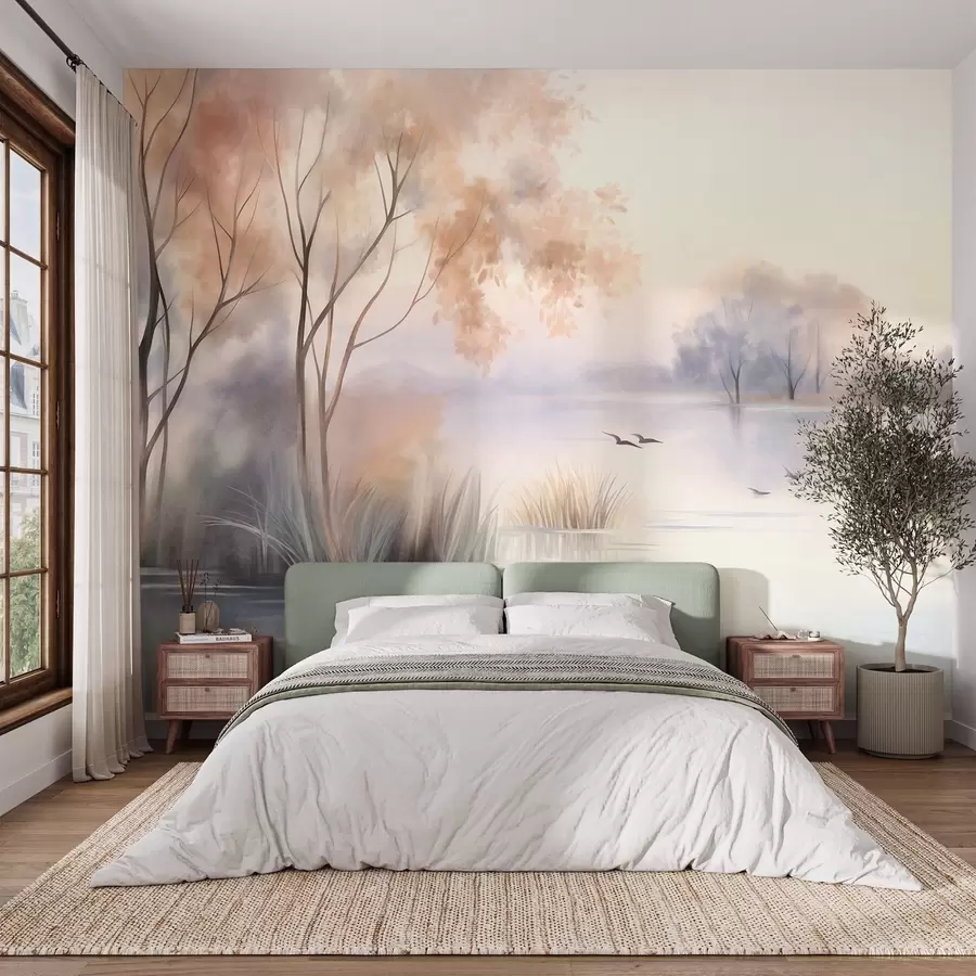 murales de pared Paisaje: un lago envuelto en niebla con árboles y juncos, pájaros volando, estilo de pintura en acuarela con textura w09866