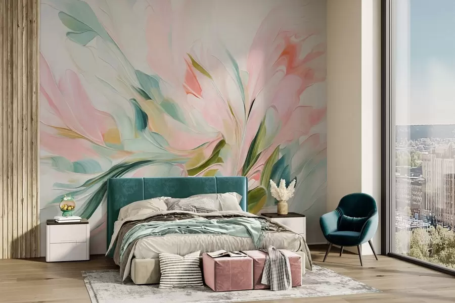 murales de pared Pintura floral abstracta con suaves pinceladas en tonos pastel sobre un fondo claro w09871