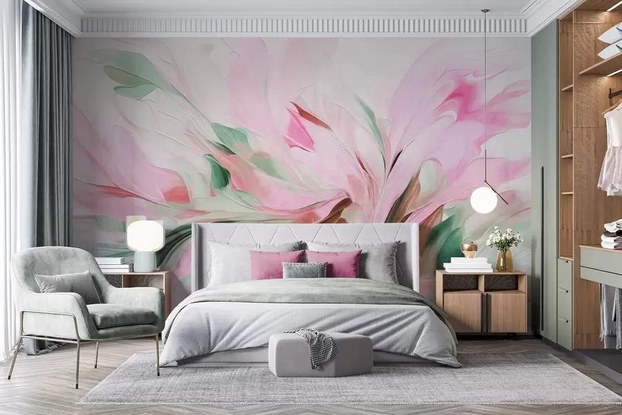 murales de pared Pintura floral abstracta con suaves pinceladas en tonos pastel sobre un fondo claro w09871v1