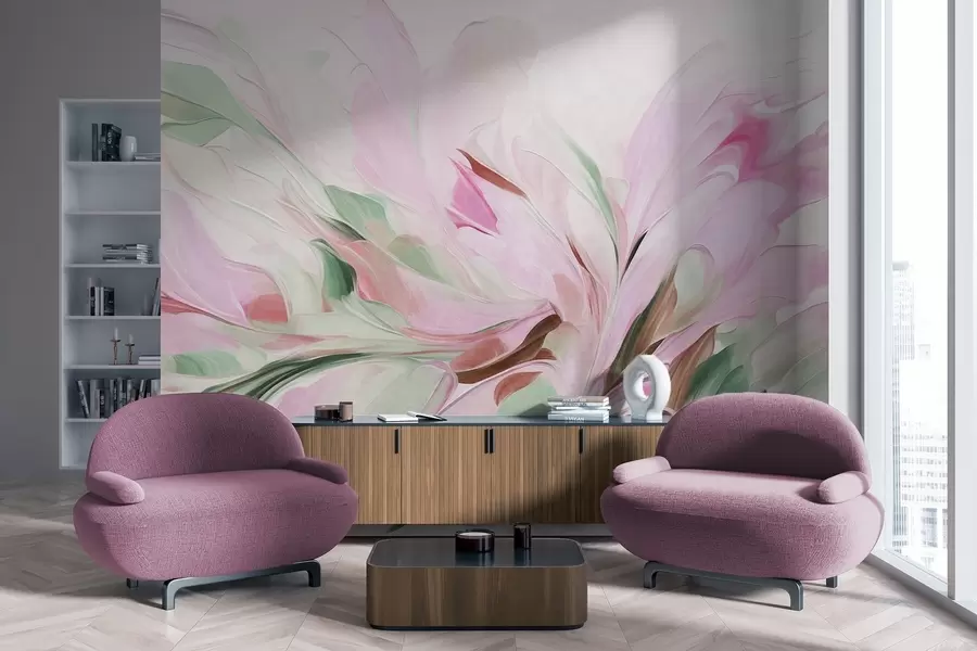 murales de pared Pintura floral abstracta con suaves pinceladas en tonos pastel sobre un fondo claro w09871v1