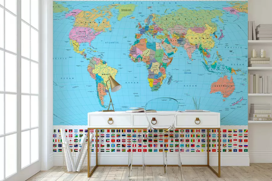 murales de pared Un mapa político del mundo a color con banderas, en inglés c00004en