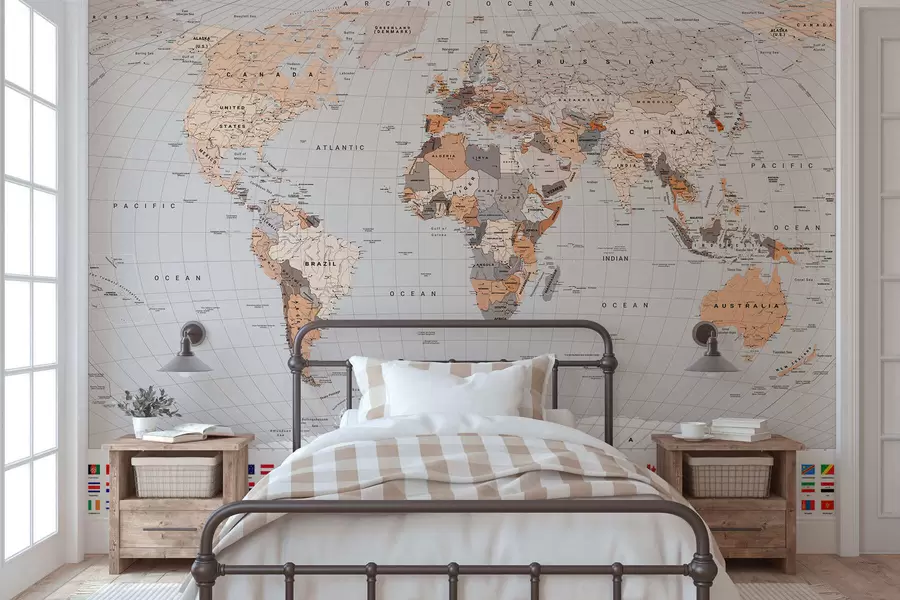 murales de pared Un mapa político del mundo con banderas en tonos marrones y beige, en inglés c00004env2