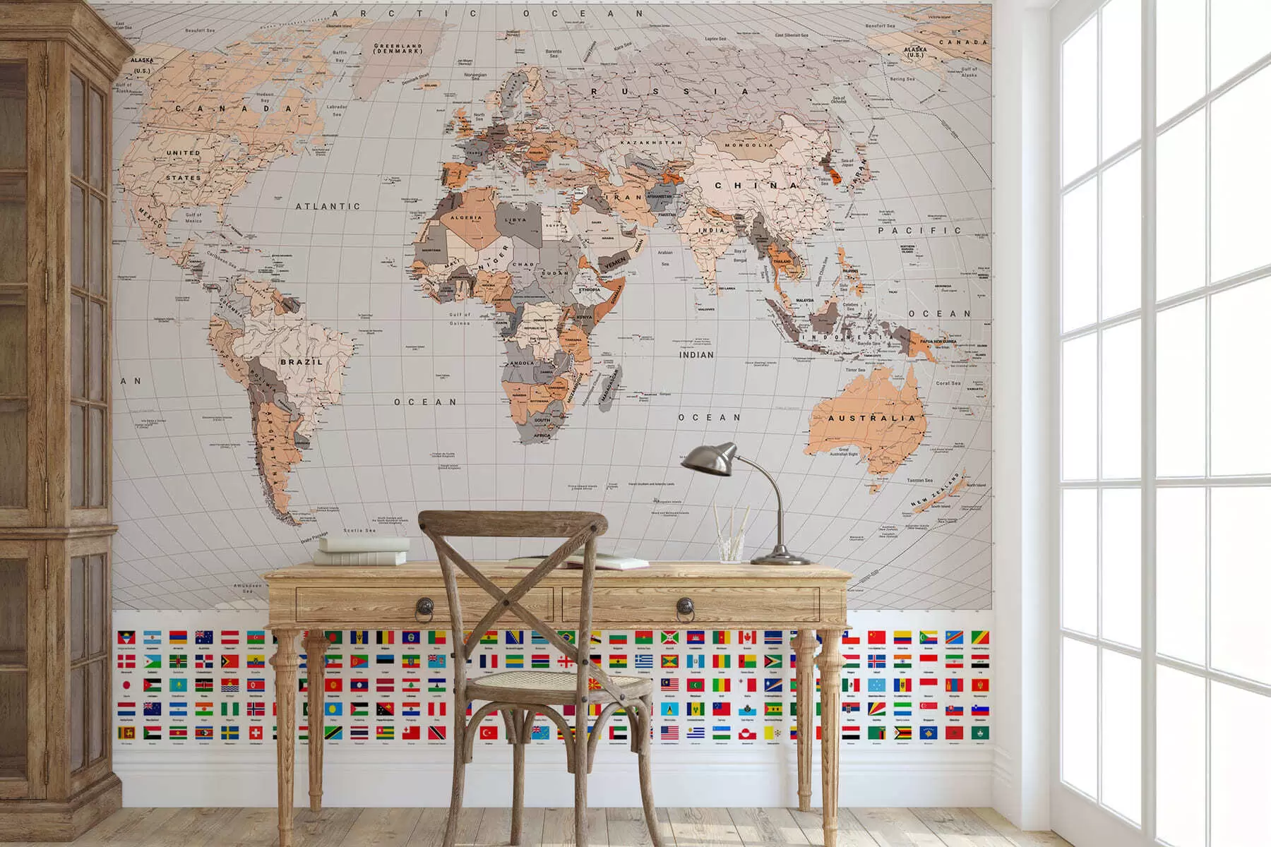 murales de pared Un mapa político del mundo con banderas en tonos marrones y beige, en inglés c00004env2