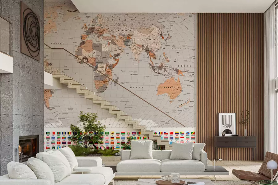 murales de pared Un mapa político del mundo con banderas en tonos marrones y beige, en inglés c00004env2
