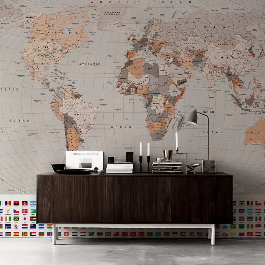 murales de pared Un mapa político del mundo con banderas en tonos marrones y beige, en inglés c00004env2