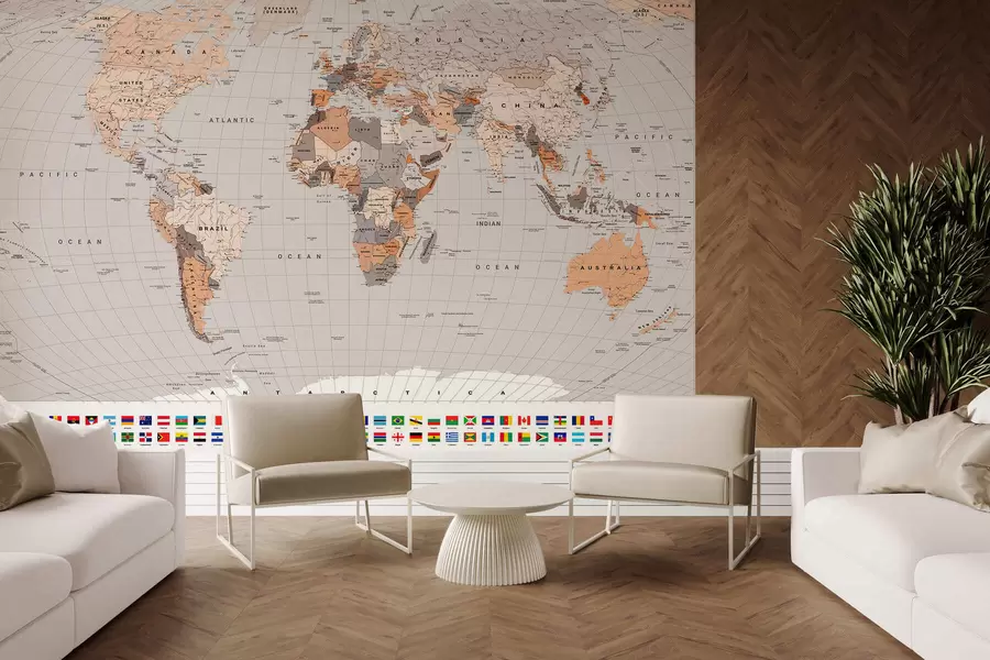 murales de pared Un mapa político del mundo con banderas en tonos marrones y beige, en inglés c00004env2
