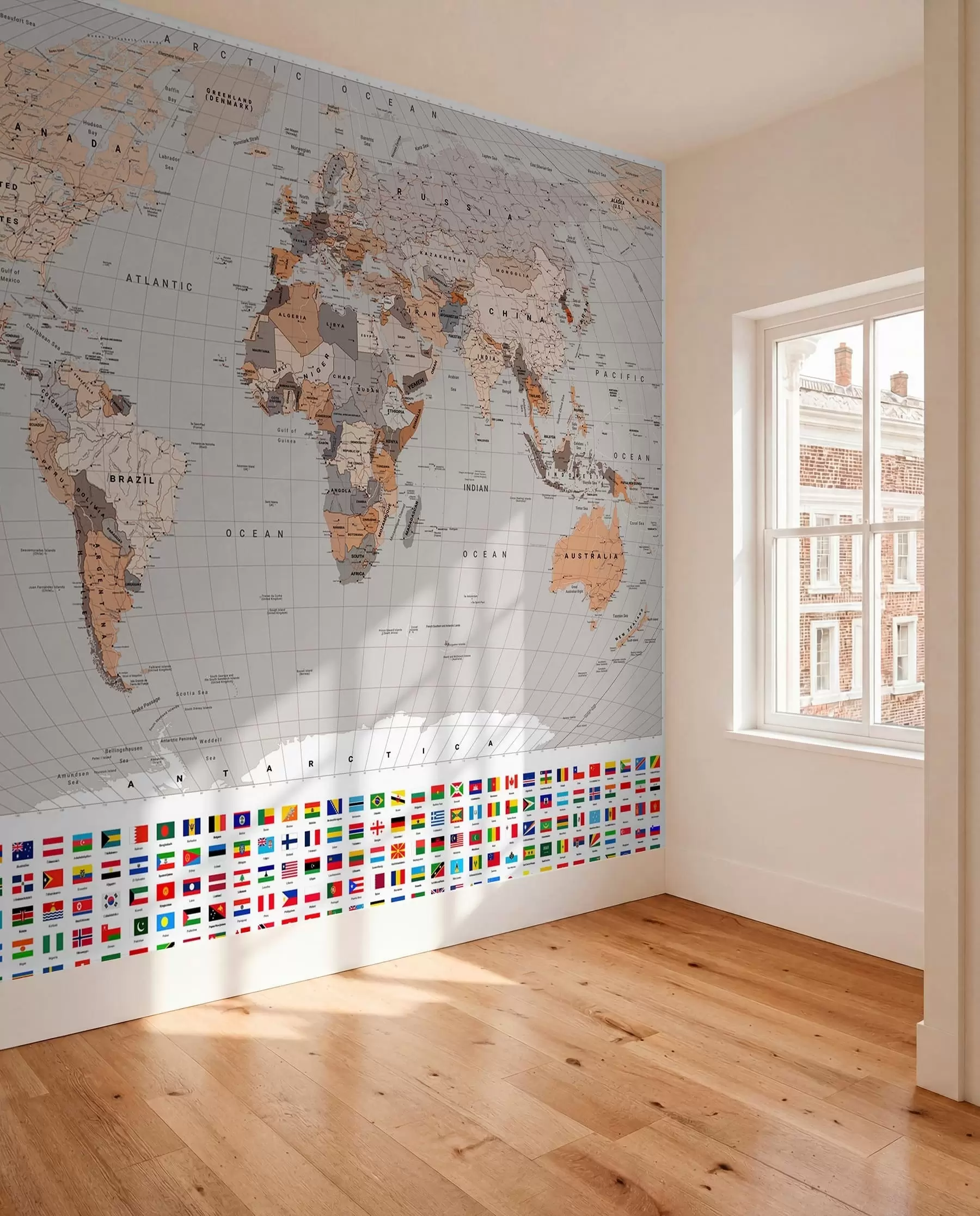murales de pared Un mapa político del mundo con banderas en tonos marrones y beige, en inglés c00004env2