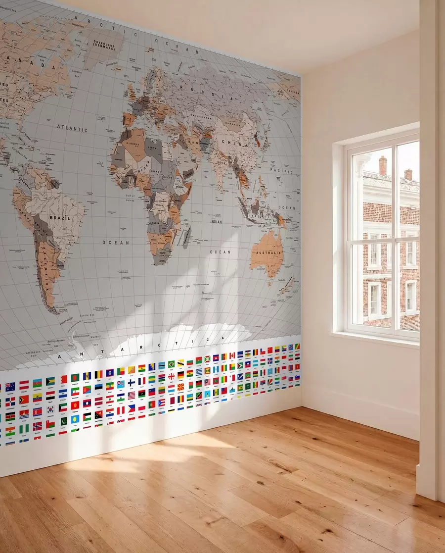murales de pared Un mapa político del mundo con banderas en tonos marrones y beige, en inglés c00004env2