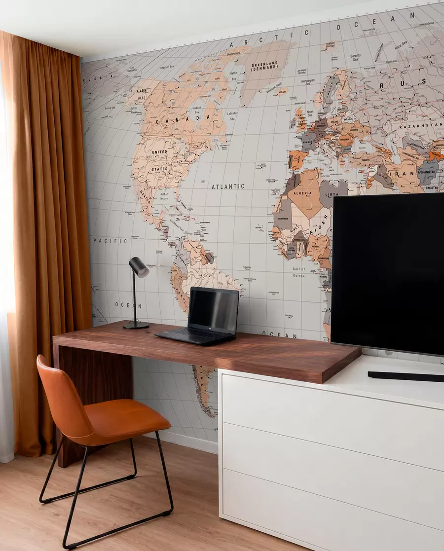 murales de pared Un mapa político del mundo con banderas en tonos marrones y beige, en inglés c00004env2