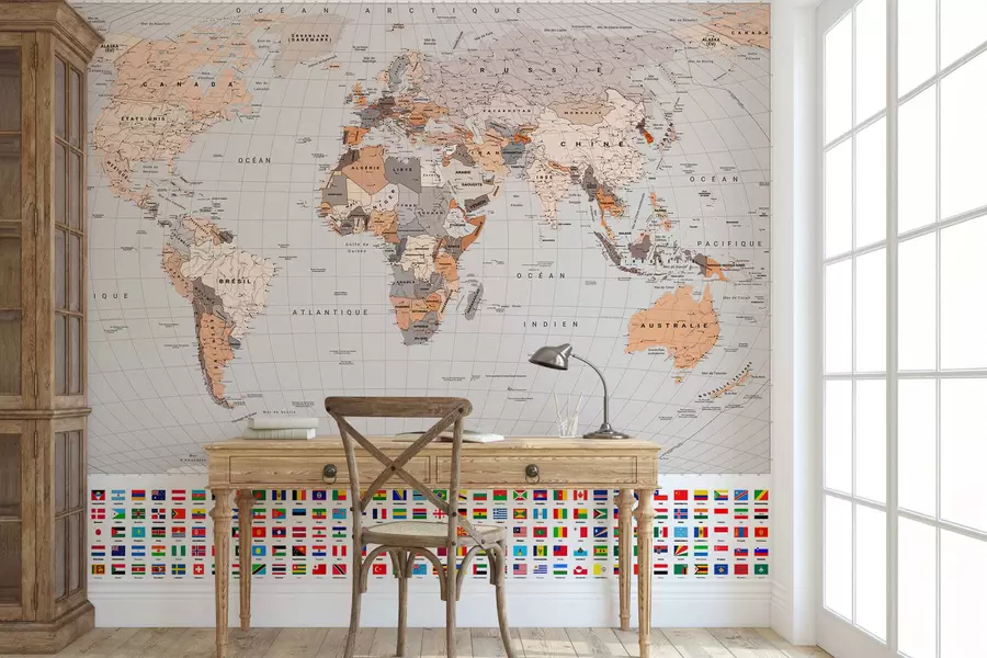 murales de pared Un mapa político del mundo con banderas en tonos marrones y beige, en francés c00004frv2