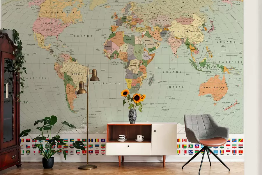 murales de pared Un mapa político del mundo a color con banderas en español c00004esv1