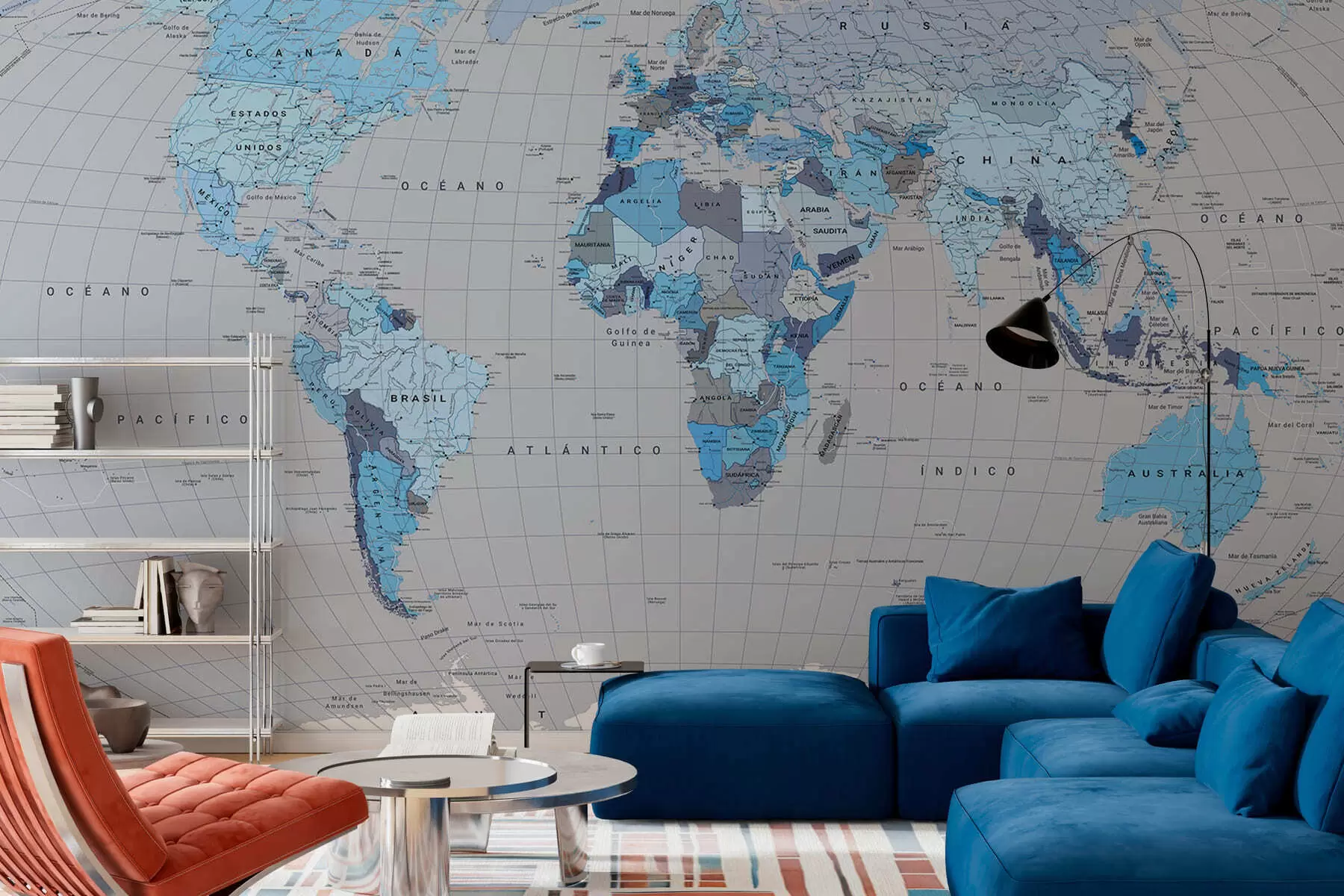 murales de pared Un mapa político del mundo con banderas en tonos azules. en español c00004esv3