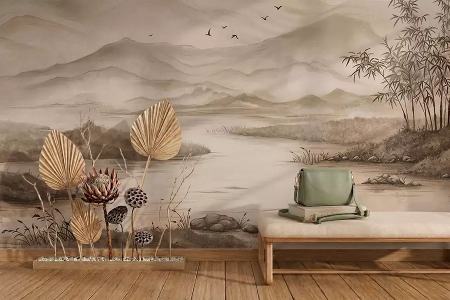 murales de pared Paisaje de montaña brumoso con un río y pájaros w05535