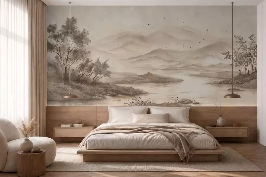 murales de pared Paisaje tranquilo con un río y montañas en la lejanía w05535v1