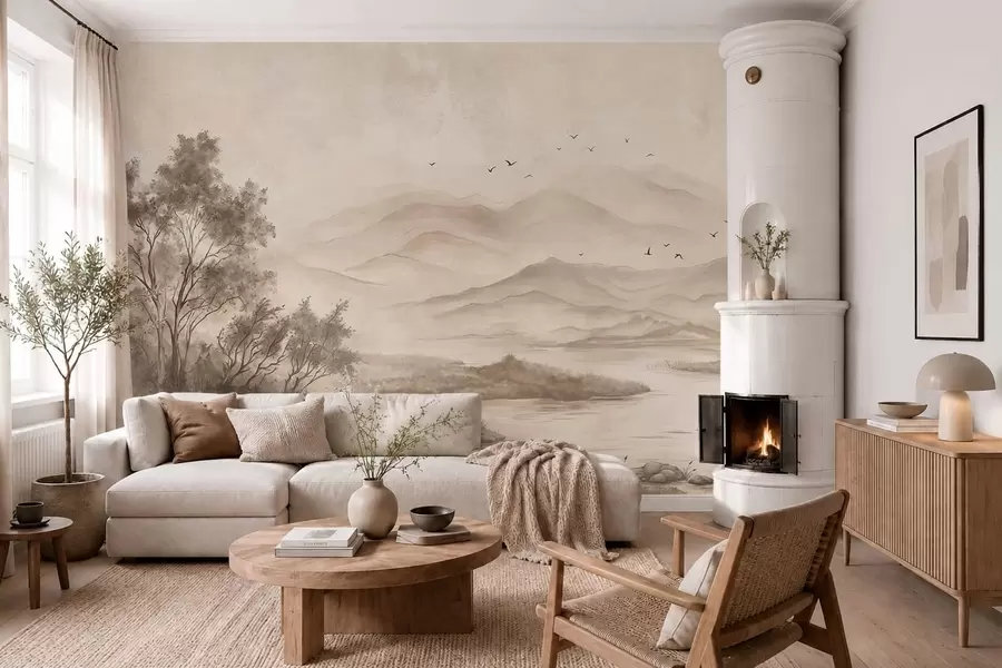 murales de pared Paisaje tranquilo con un río y montañas en la lejanía w05535v1