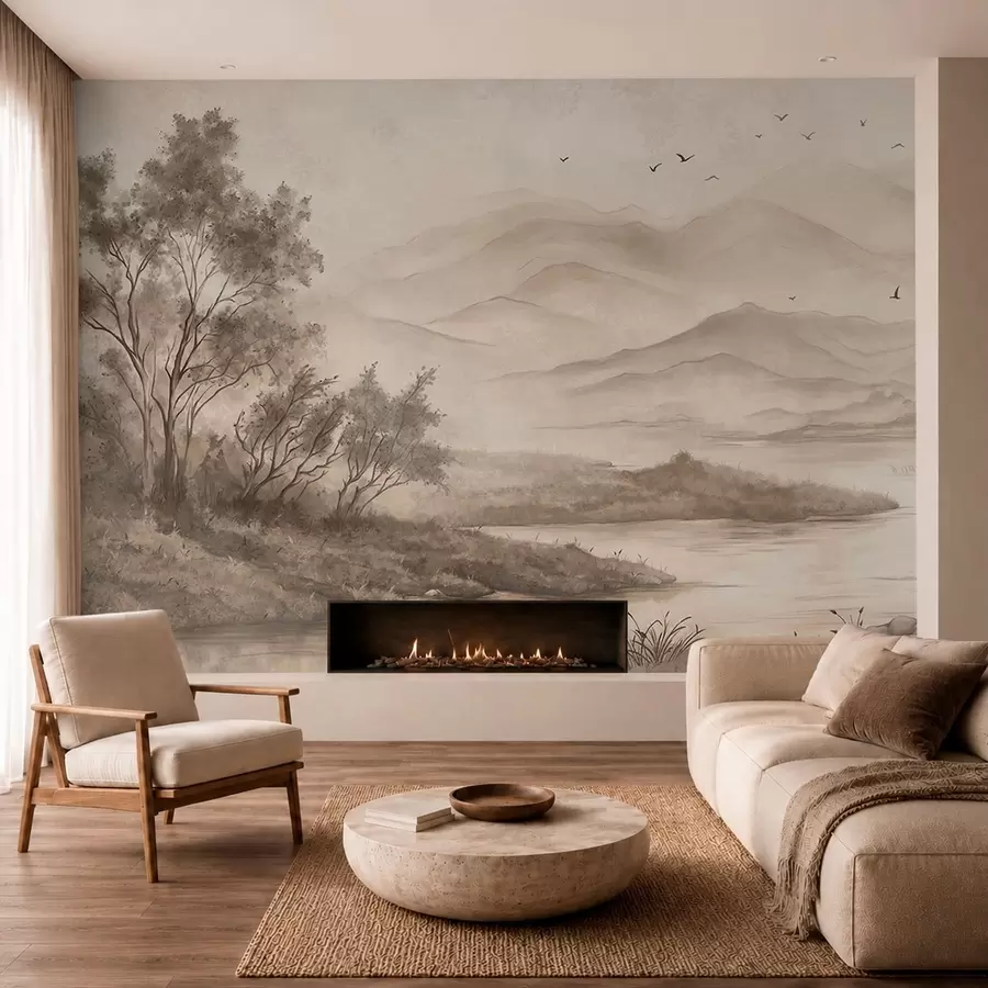 murales de pared Paisaje tranquilo con un río y montañas en la lejanía w05535v1