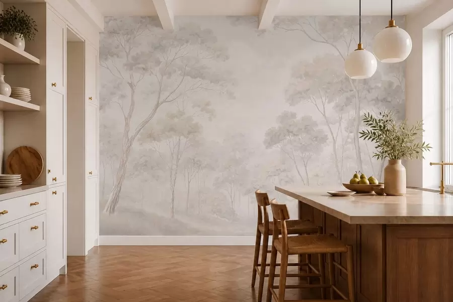 murales de pared Un bosque brumoso y apacible en tonos pastel w05624v1