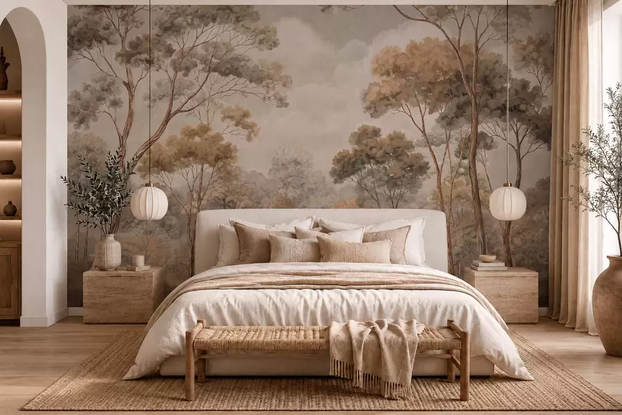 murales de pared Un cálido paisaje forestal en tonos naturales w05624v2
