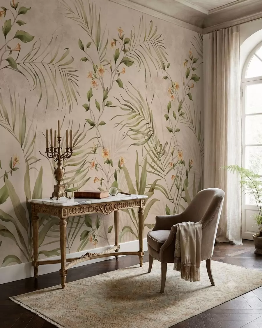 murales de pared Hojas tropicales y flores delicadas sobre un fondo beige w05625