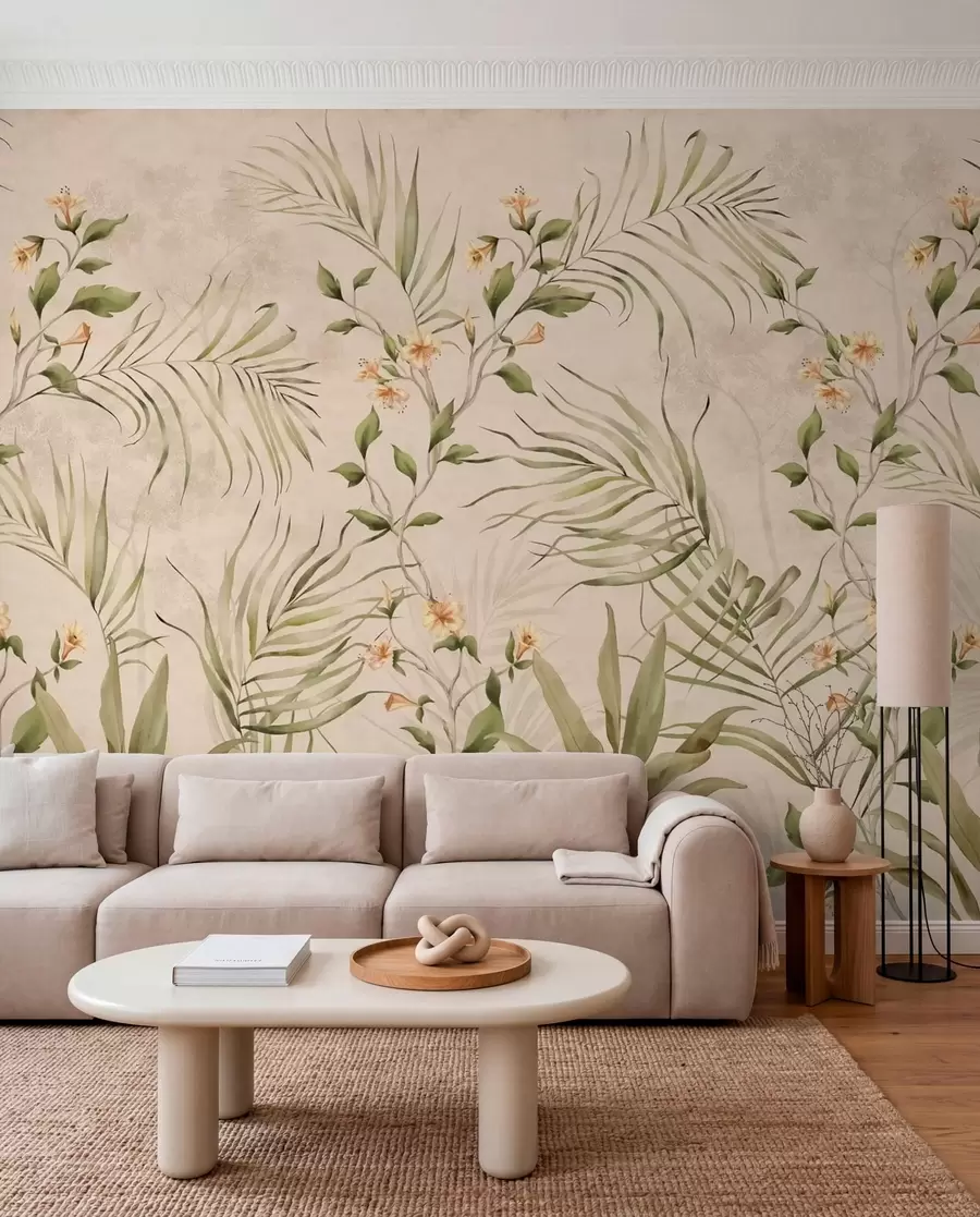 murales de pared Hojas tropicales y flores delicadas sobre un fondo beige w05625