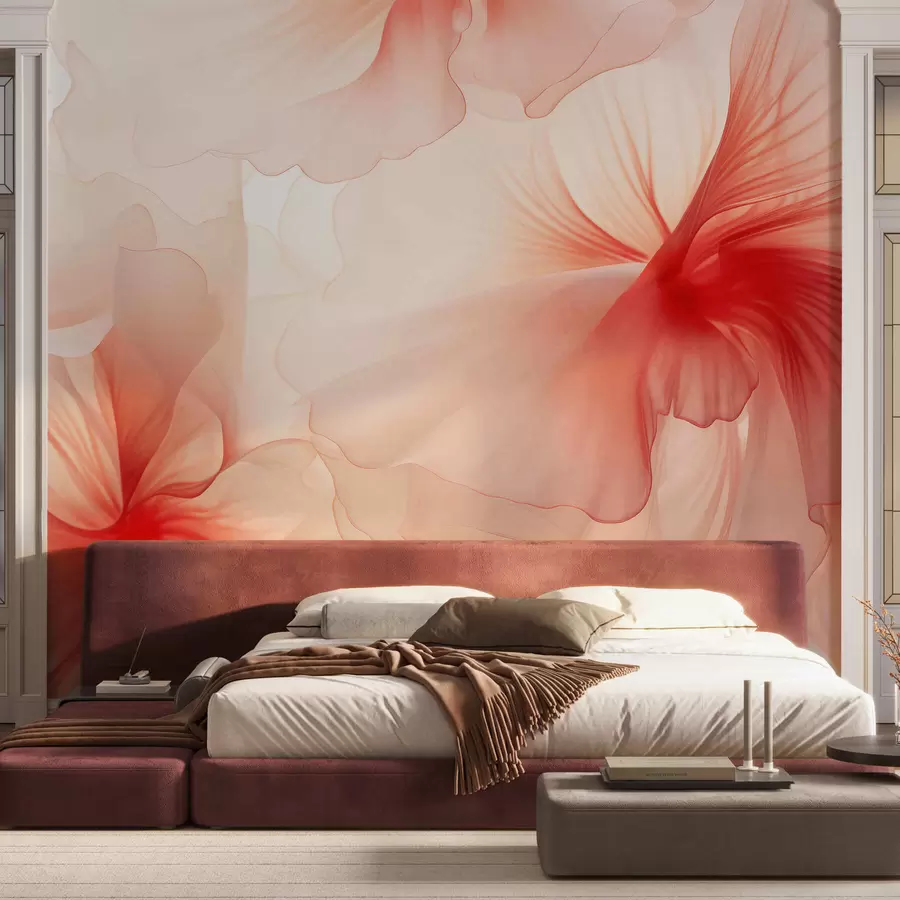 murales de pared Flores en tonos rosados suaves con pétalos vaporosos y translúcidos, al estilo de la acuarela; una elegante composición floral w05360