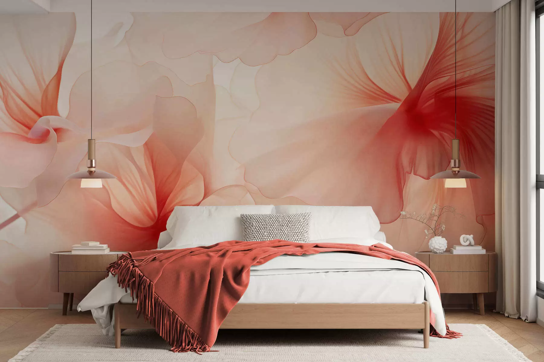 murales de pared Flores en tonos rosados suaves con pétalos vaporosos y translúcidos, al estilo de la acuarela; una elegante composición floral w05360