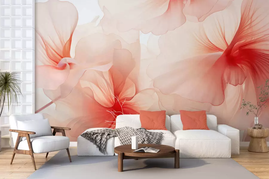 murales de pared Flores en tonos rosados suaves con pétalos vaporosos y translúcidos, al estilo de la acuarela; una elegante composición floral w05360