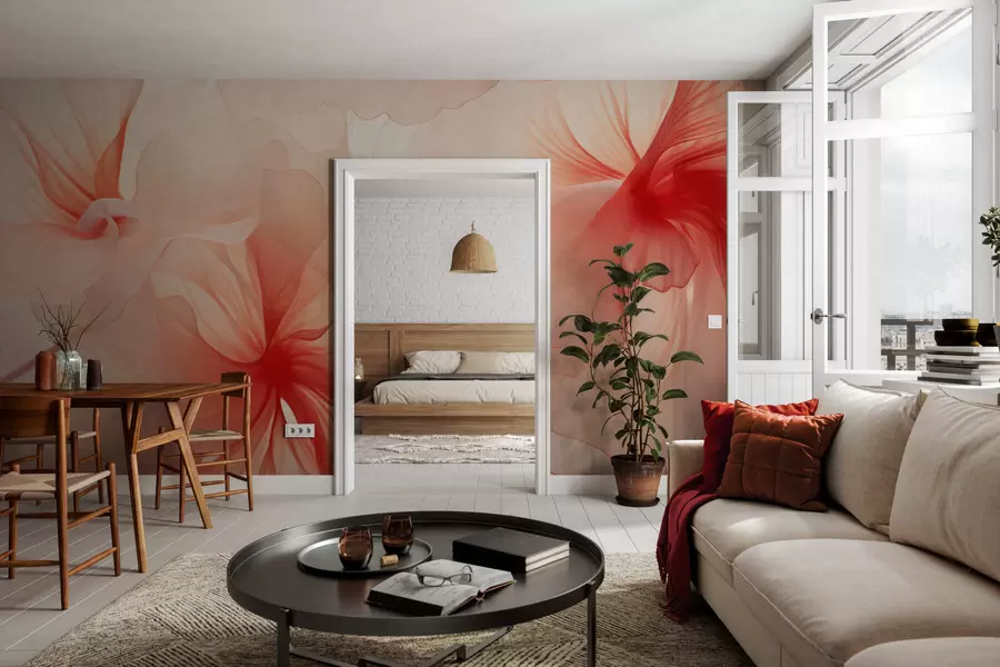 murales de pared Flores en tonos rosados suaves con pétalos vaporosos y translúcidos, al estilo de la acuarela; una elegante composición floral w05360