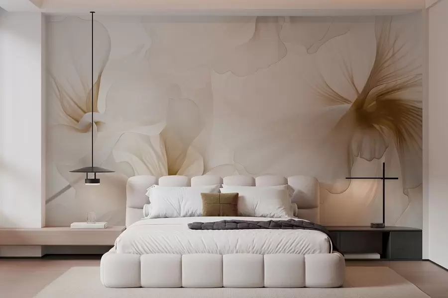 murales de pared Flores en tonos rosados suaves con pétalos vaporosos y translúcidos, al estilo acuarela; una elegante composición floral w05360v1