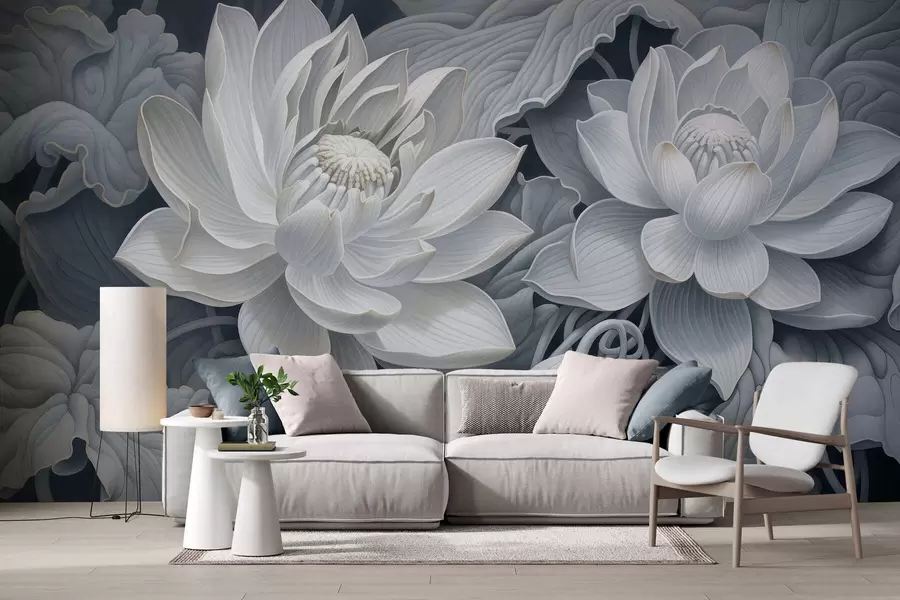 murales de pared Flores de loto de estilo vintage con suaves tonos sepia y pétalos detallados; ilustración botánica artística w05494