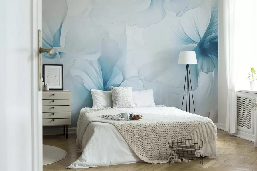 murales de pared Flores en tonos rosados suaves con pétalos vaporosos y translúcidos, al estilo de la acuarela; una elegante composición floral w05360v2