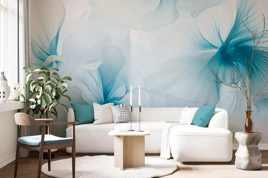 murales de pared Flores en tonos rosados suaves con pétalos vaporosos y translúcidos, al estilo de la acuarela; una elegante composición floral w05360v2