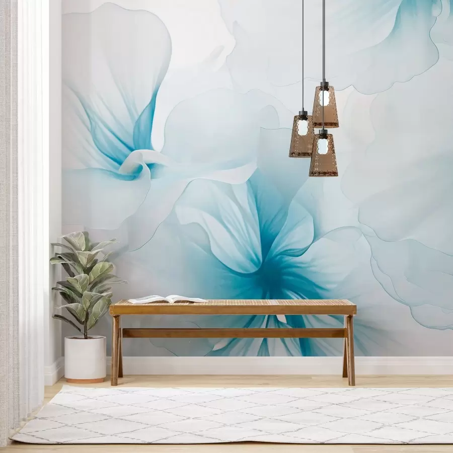 murales de pared Flores en tonos rosados suaves con pétalos vaporosos y translúcidos, al estilo de la acuarela; una elegante composición floral w05360v2