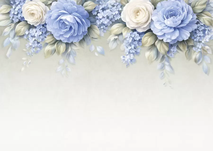 murales de pared Delicadas rosas y ramilletes florales en una composición botánica de inspiración porcelánica, con pétalos suaves dispuestos en capas y elegantes hojas onduladas w05495