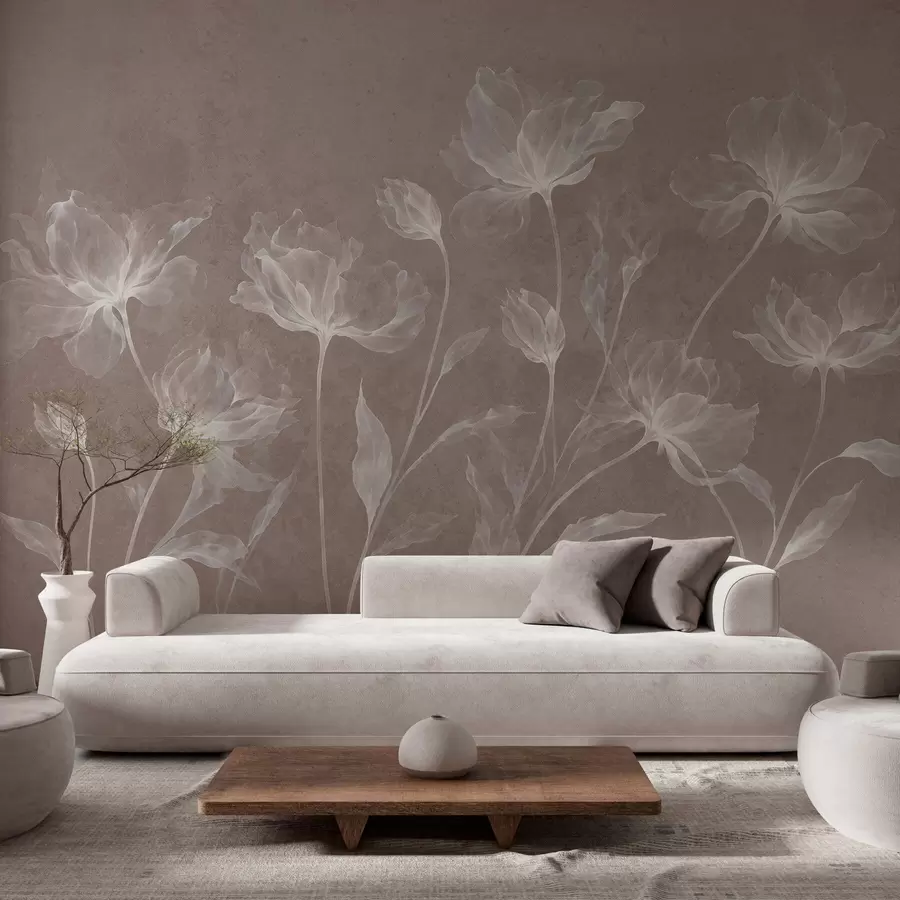 murales de pared Flores elegantes y ligeras, con pétalos translúcidos en capas y tallos largos y delicados w05579v3