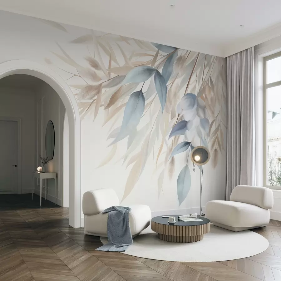 murales de pared Hierba seca con textura, hierba de la pampa y hojas azules, pintadas con un estilo suave, al estilo de la acuarela w09868