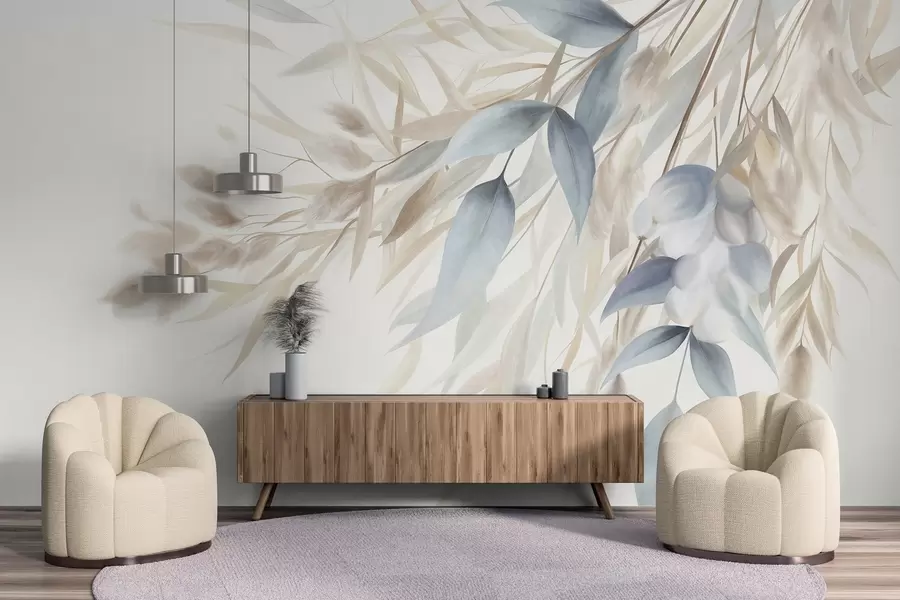 murales de pared Hierba seca con textura, hierba de la pampa y hojas azules, pintadas con un estilo suave, al estilo de la acuarela w09868