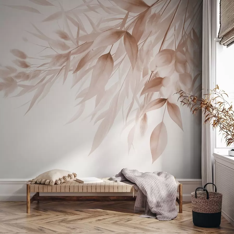 murales de pared Hierba seca con textura, hierba de la pampa y hojas, pintadas con un estilo suave, al estilo de la acuarela w09868v1