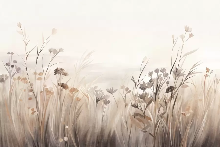 murales de pared Un campo de flores silvestres en tonos apagados de marrón y beige, con hierbas altas y delicadas flores w09872