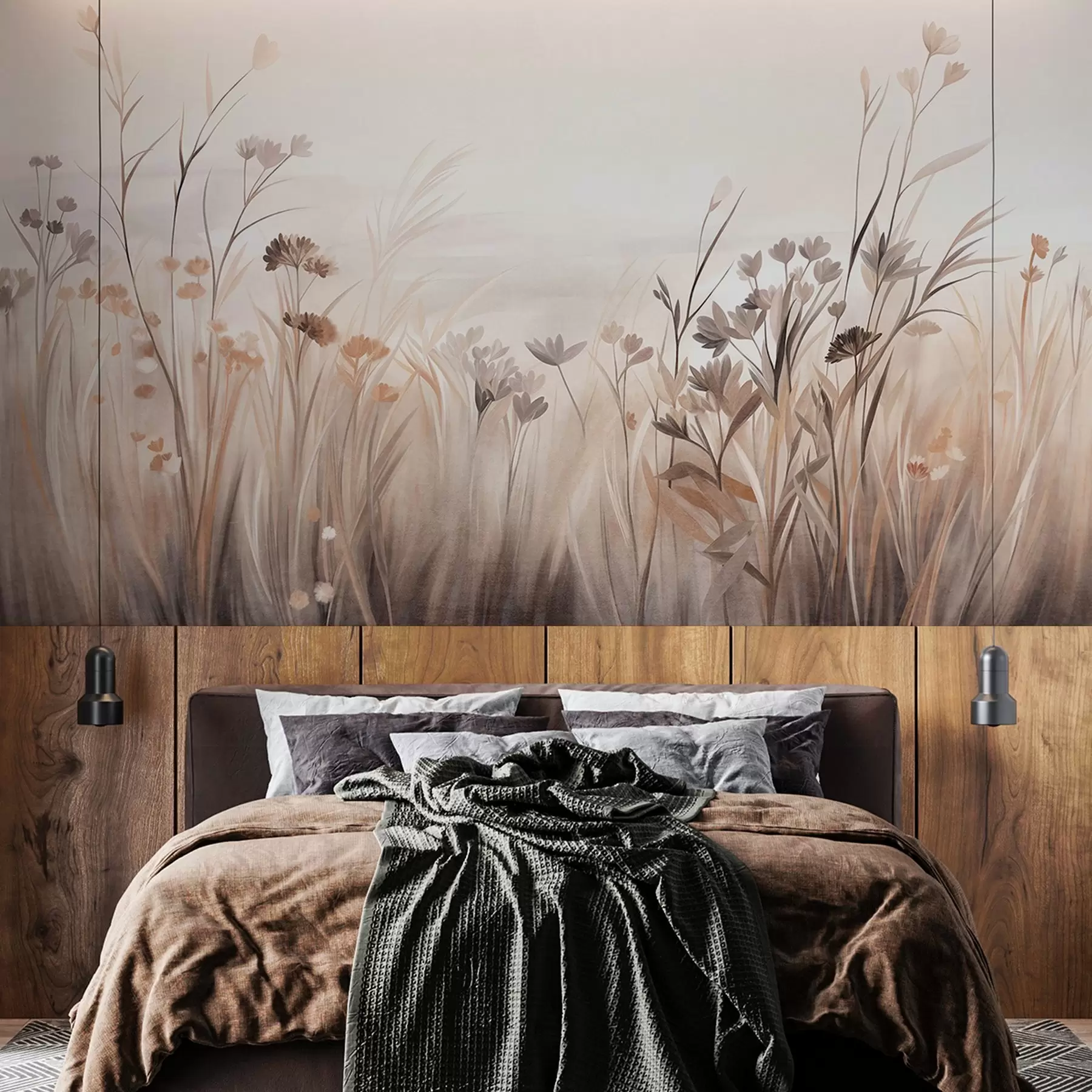 murales de pared Un campo de flores silvestres en tonos apagados de marrón y beige, con hierbas altas y delicadas flores w09872