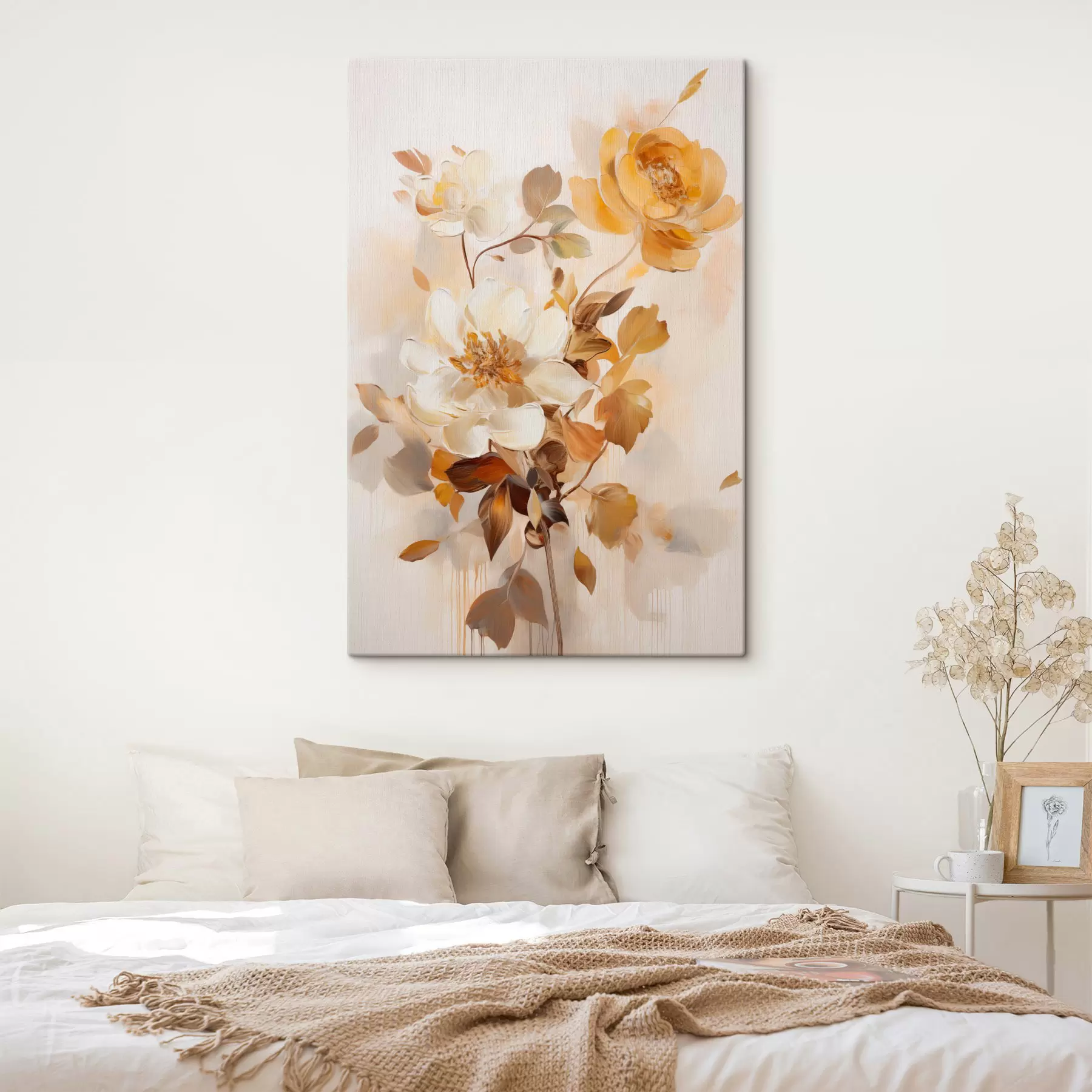 murales de pared Flores abstractas con hojas marrones, estilo pictórico y pinceladas s49145