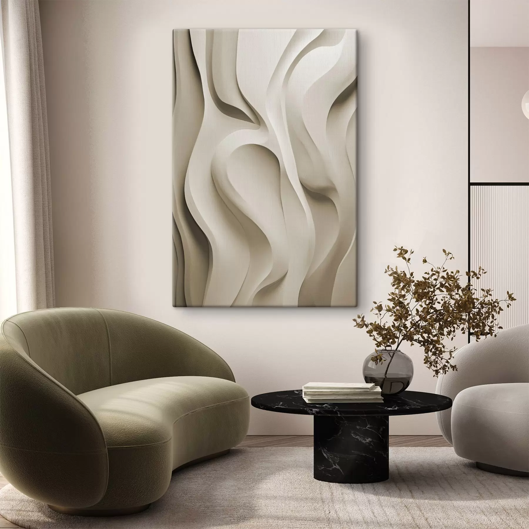 murales de pared Formas onduladas abstractas en tonos beige con curvas suaves; arte moderno y minimalista s49149
