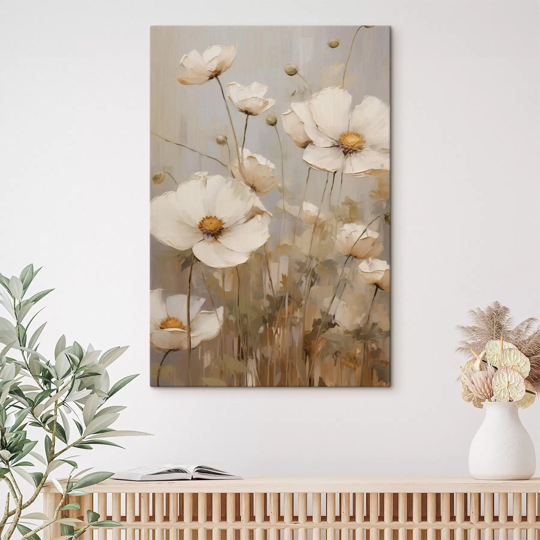 murales de pared Amapolas blancas pintadas en un estilo suave e impresionista sobre un fondo en tonos apagados s49159